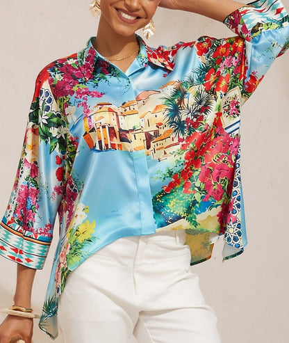 Pastel Floral Garden Satin Dolman Sleeve Button Down Shirt