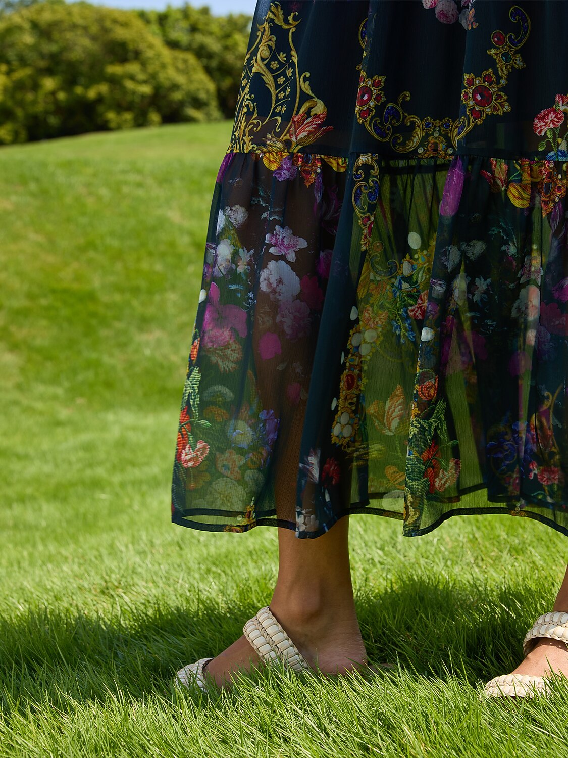 Midnight Jewel Bloom Flowy Chiffon Maxi Dress