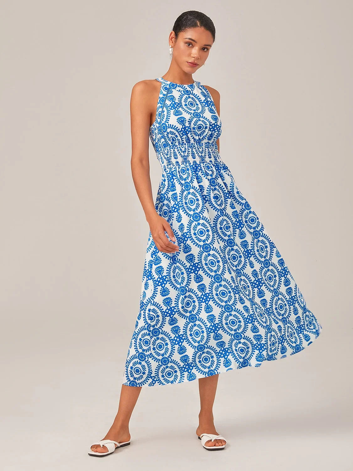 Chiffon Geometric Print Resort Style Halter Fitted Waist Maxi Dress