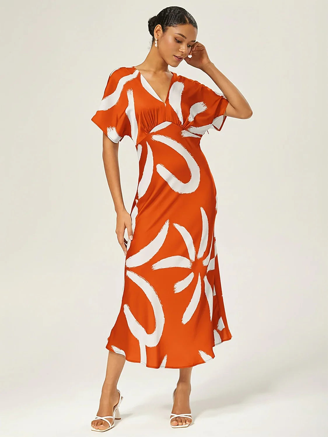 Abstract Floral Print Satin Maxi Dress