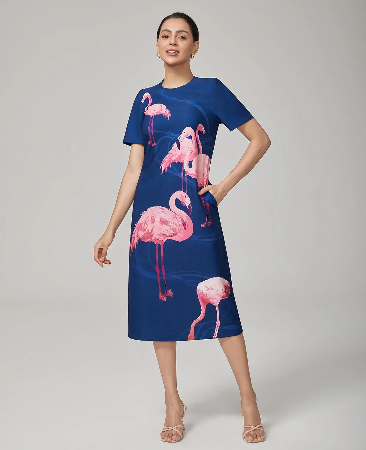 Royal Blue Short Sleeves Flamingo Print Dress