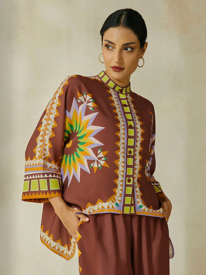 Brown Bohemian Geometric Graphic Satin Shirt
