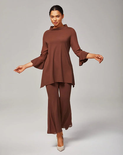 Elegant Coffee Brown Bell-Bottom Chiffon Sheer Pants