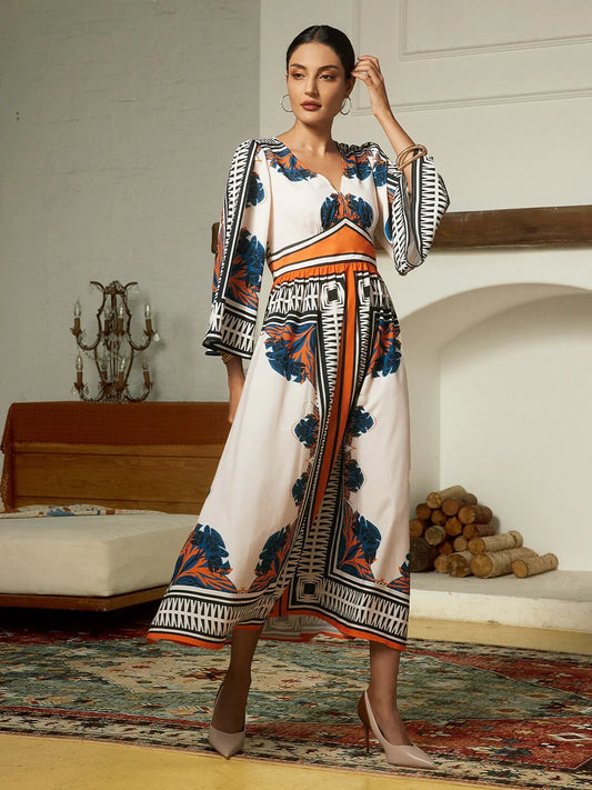Satin Geometric Bohemia V-Neck Maxi Dress