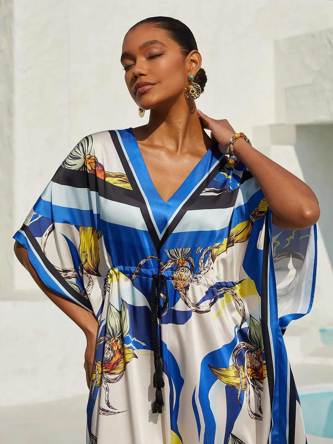 Ocean Blue Orchid Silky Satin Kaftan