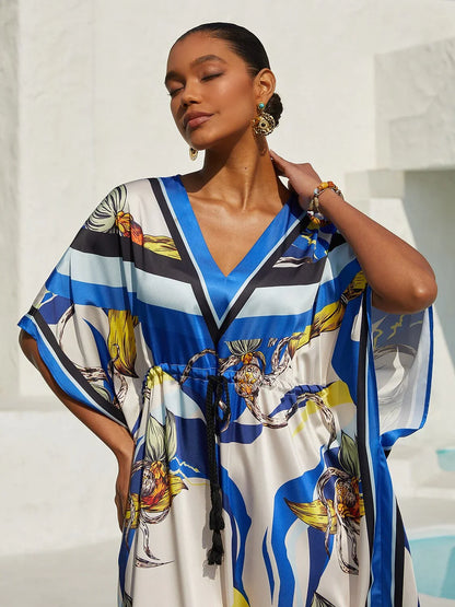 Ocean Blue Orchid Silky Satin Kaftan