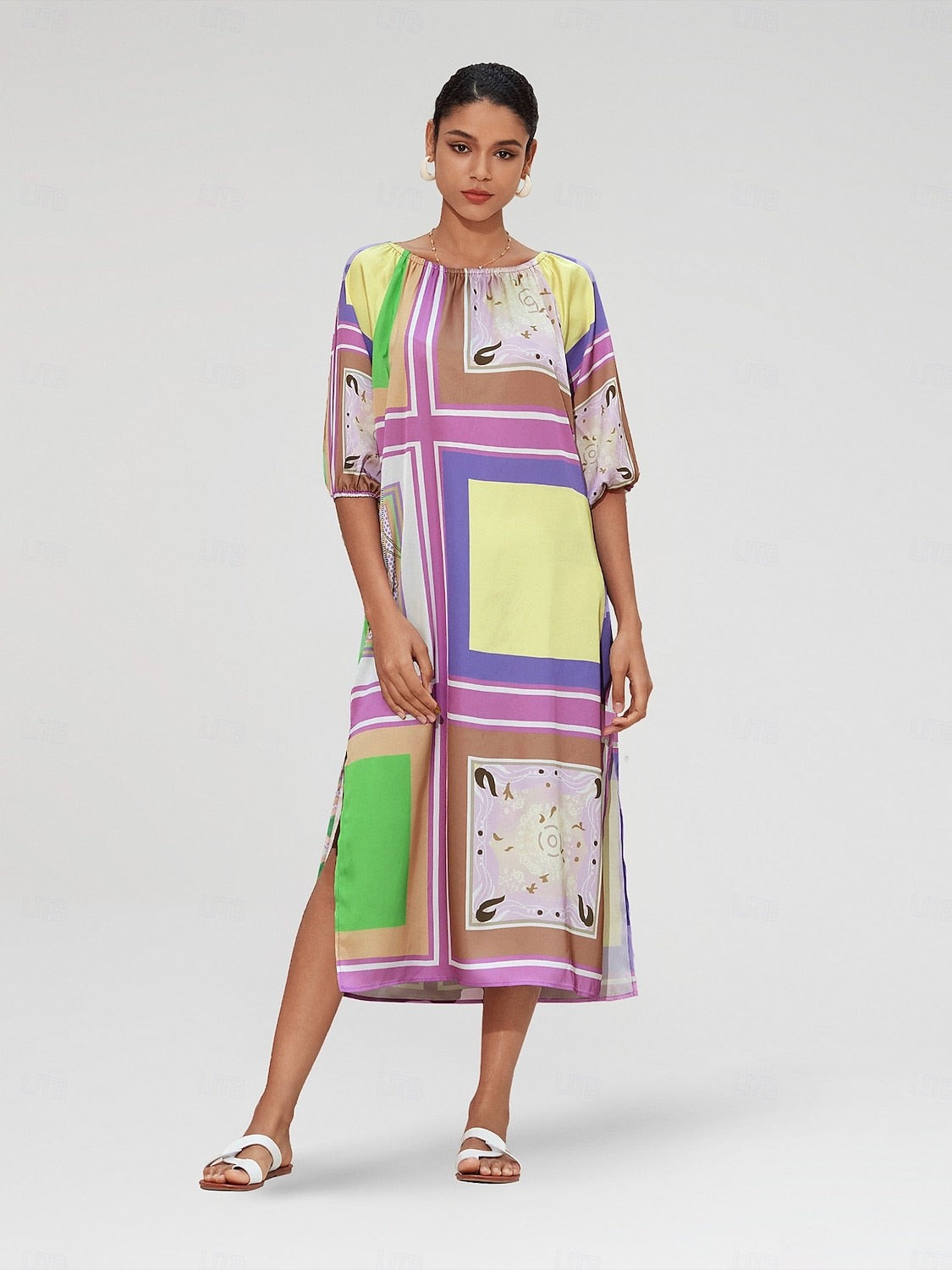 Vestido Maxi Fruncido de Satén con Bloques de Color Geométricos para Vacaciones