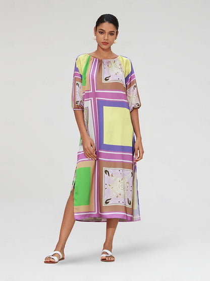 Vestido Maxi Fruncido de Satén con Bloques de Color Geométricos para Vacaciones