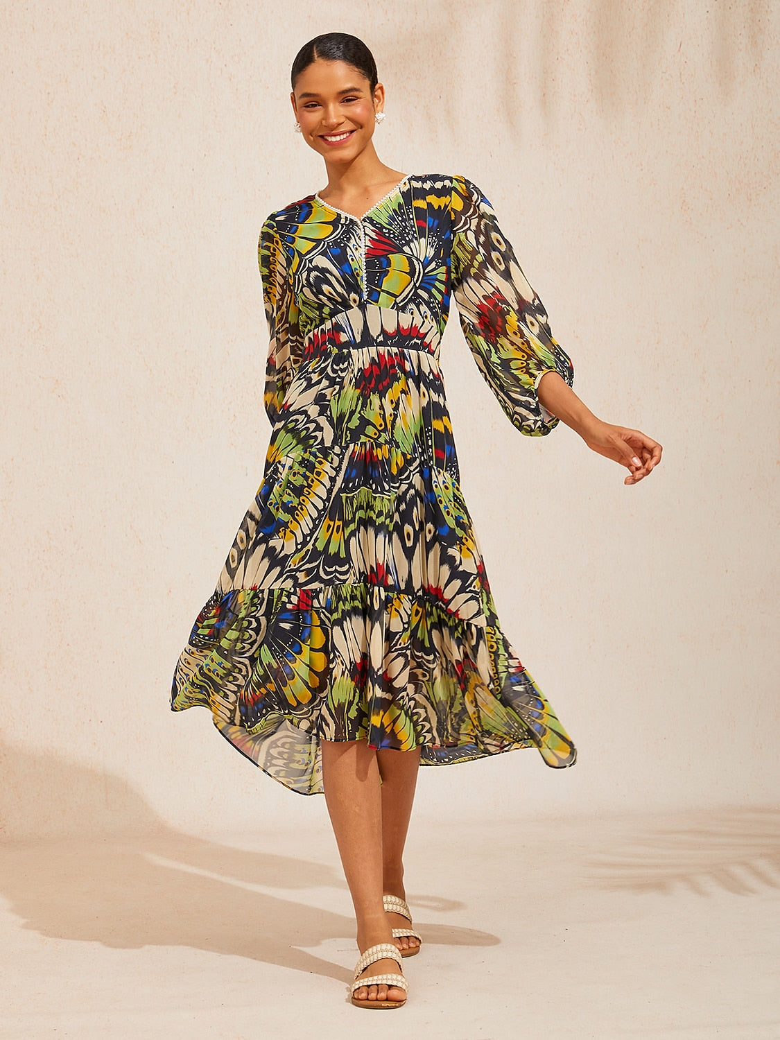 Verdant Baroque Bloom Flowy Chiffon Midi Dress