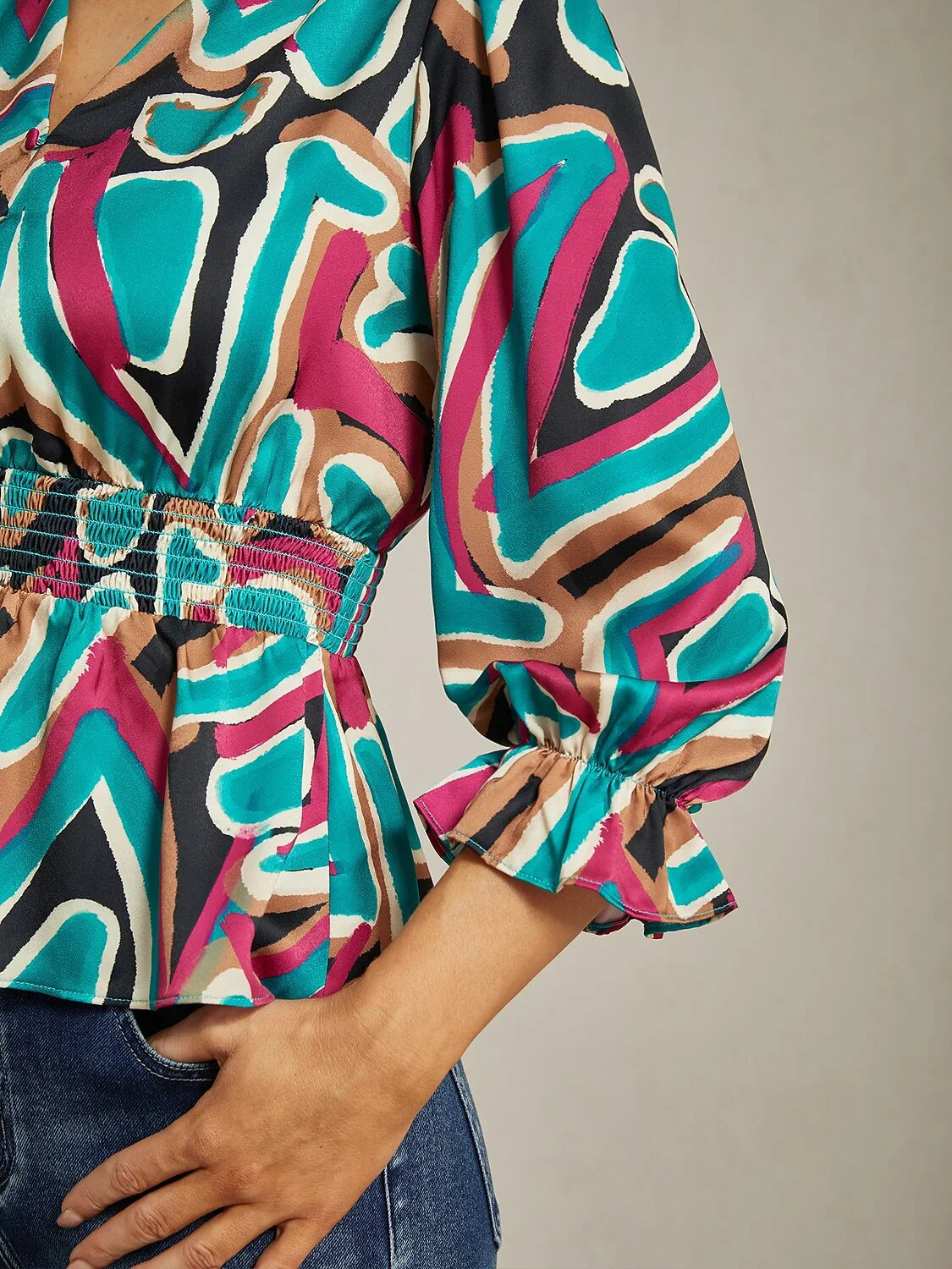 Colorful Abstract Print Cinched Waist Satin Top
