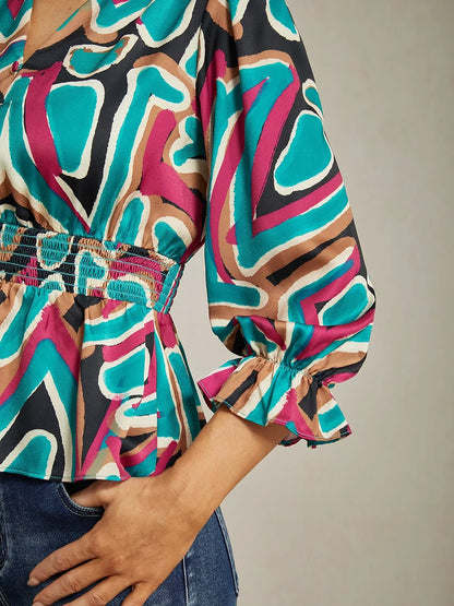 Colorful Abstract Print Cinched Waist Satin Top