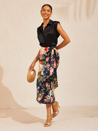 Moonlight Blossom Silky Satin Wrap Skirt