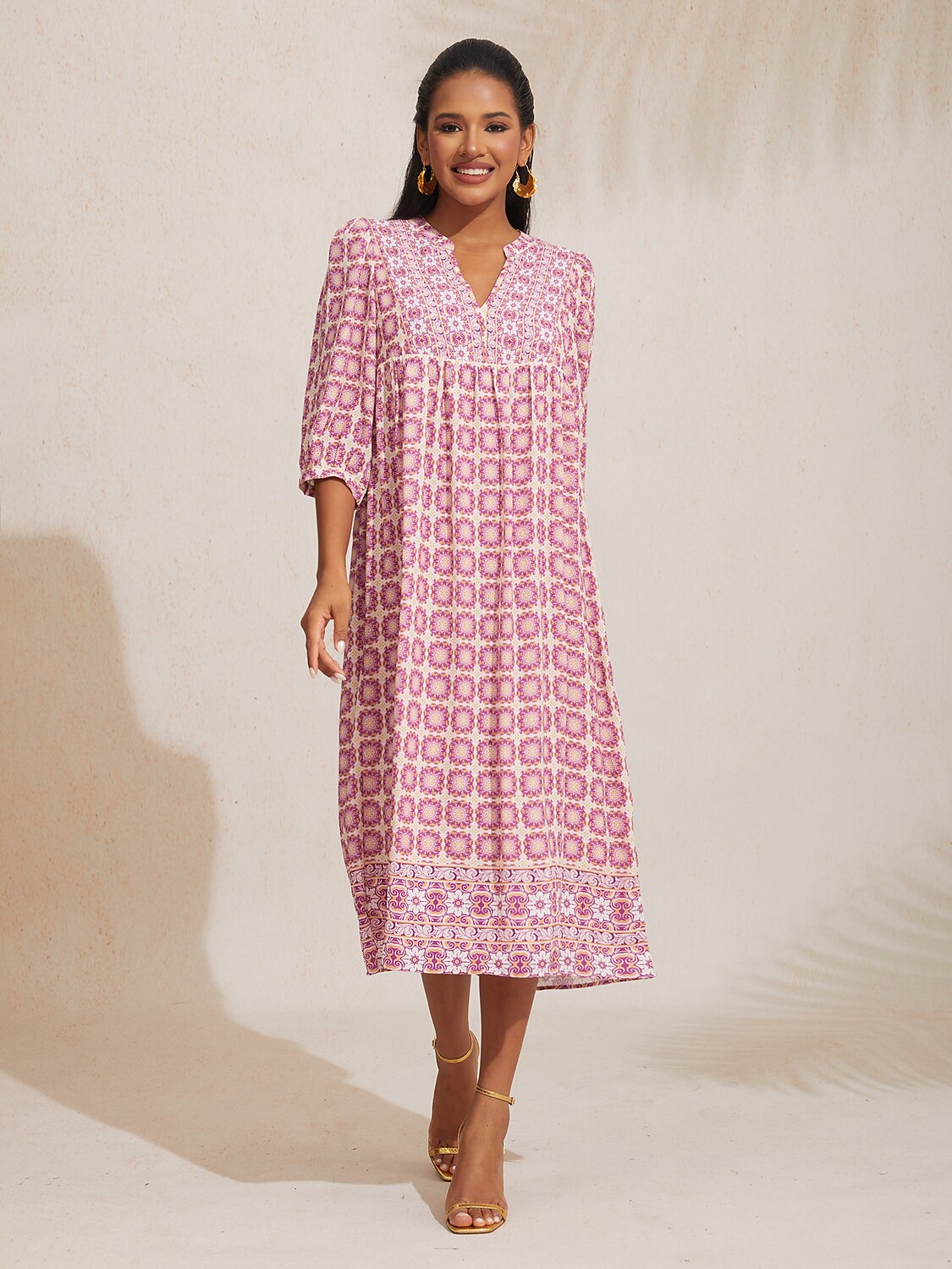 Chiffon Ethnic Floral Print Half Sleeve V-Neck Midi Dress