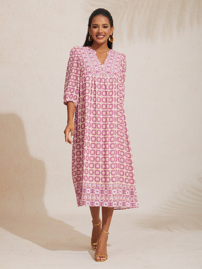 Chiffon Ethnic Floral Print Half Sleeve V-Neck Midi Dress
