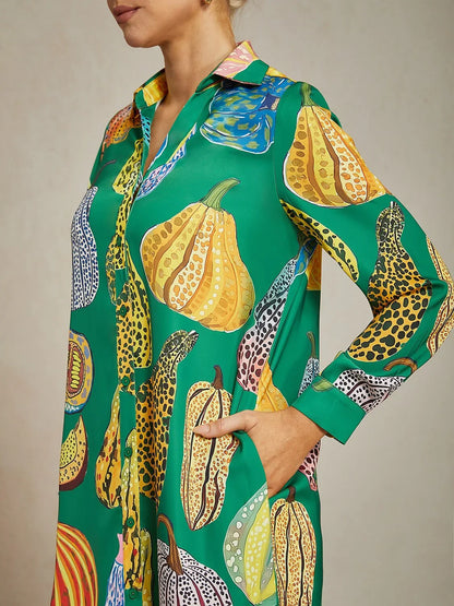 Pumpkin Print Split Hem Shirt Dress
