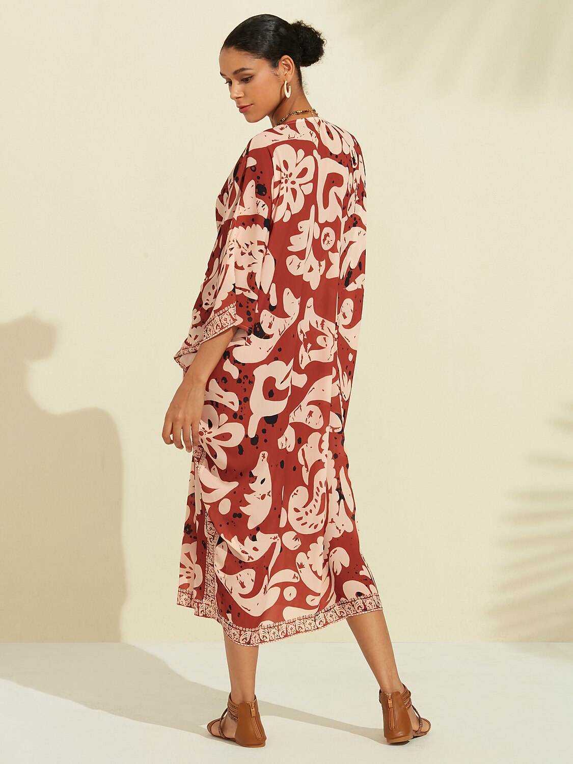Boho Paisley Print Midi V-Neck Chiffon Kaftan