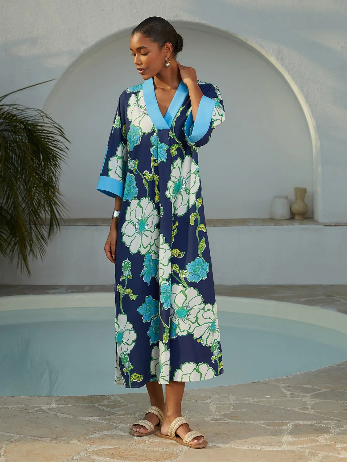dolman sleeve maxi dress Womens Blue Floral Print Color Block Print Rayon Dolman Sleeve Maxi Dress Loose Fit Vacation Royal Blue Flattering Drape, Royal Blue / L