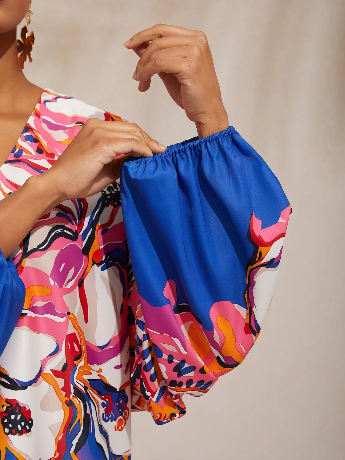 Vacation Artistic Floral Dolman Sleeve Satin Top