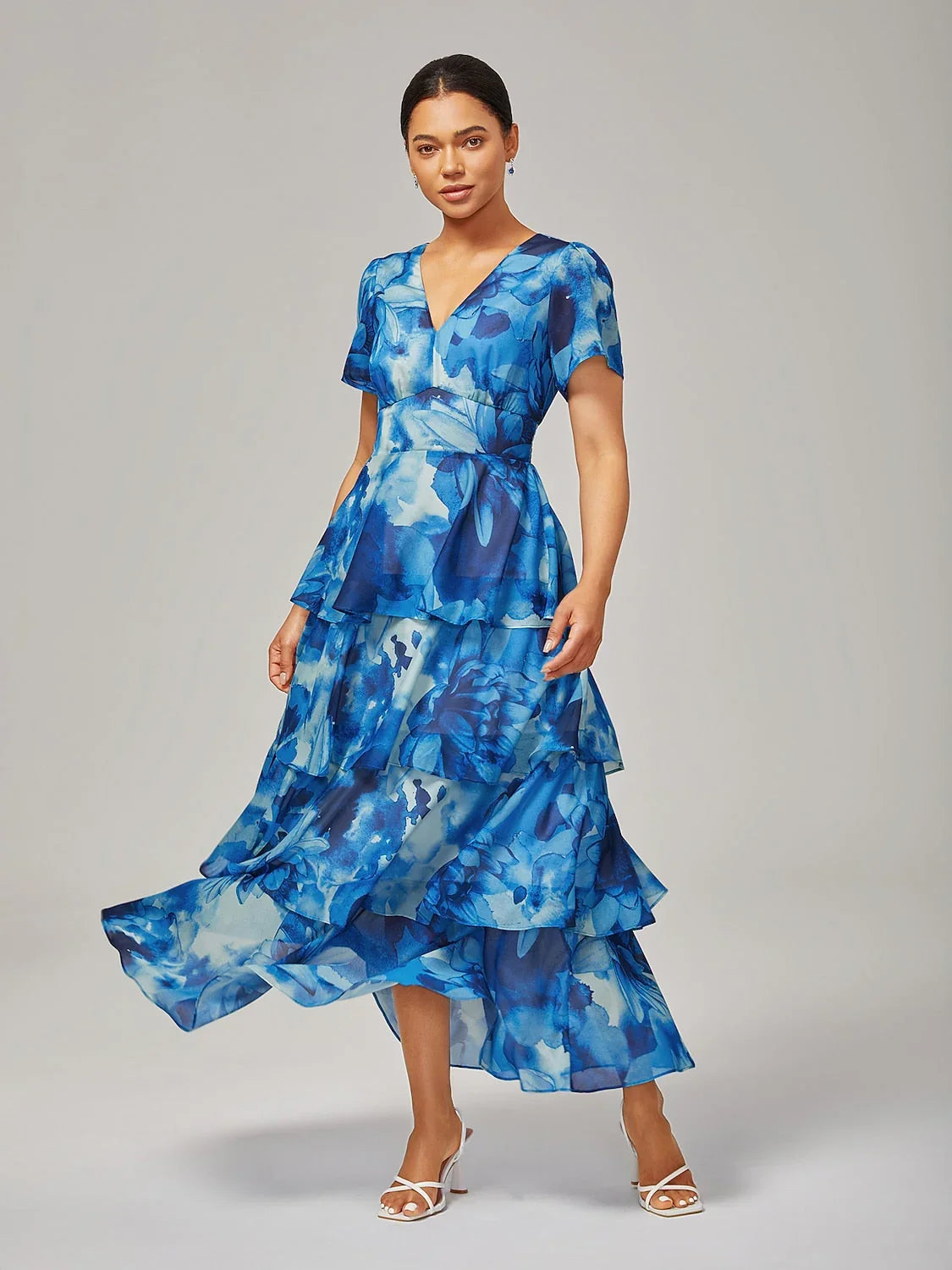 Abstract Floral Ruffle Chiffon Maxi Dress