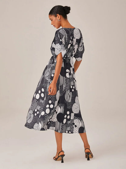 Chiffon Geometric Polka Dot Print Midi Dress
