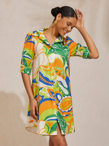 Mallorca Blossom Silky Satin Straight Shirt Dress