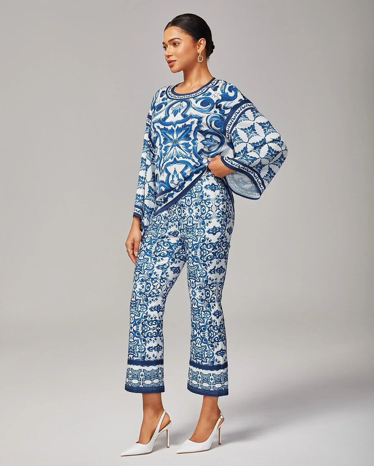 Blue White Porcelain Print Stretch Flare Pants