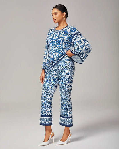 Blue White Porcelain Print Stretch Flare Pants