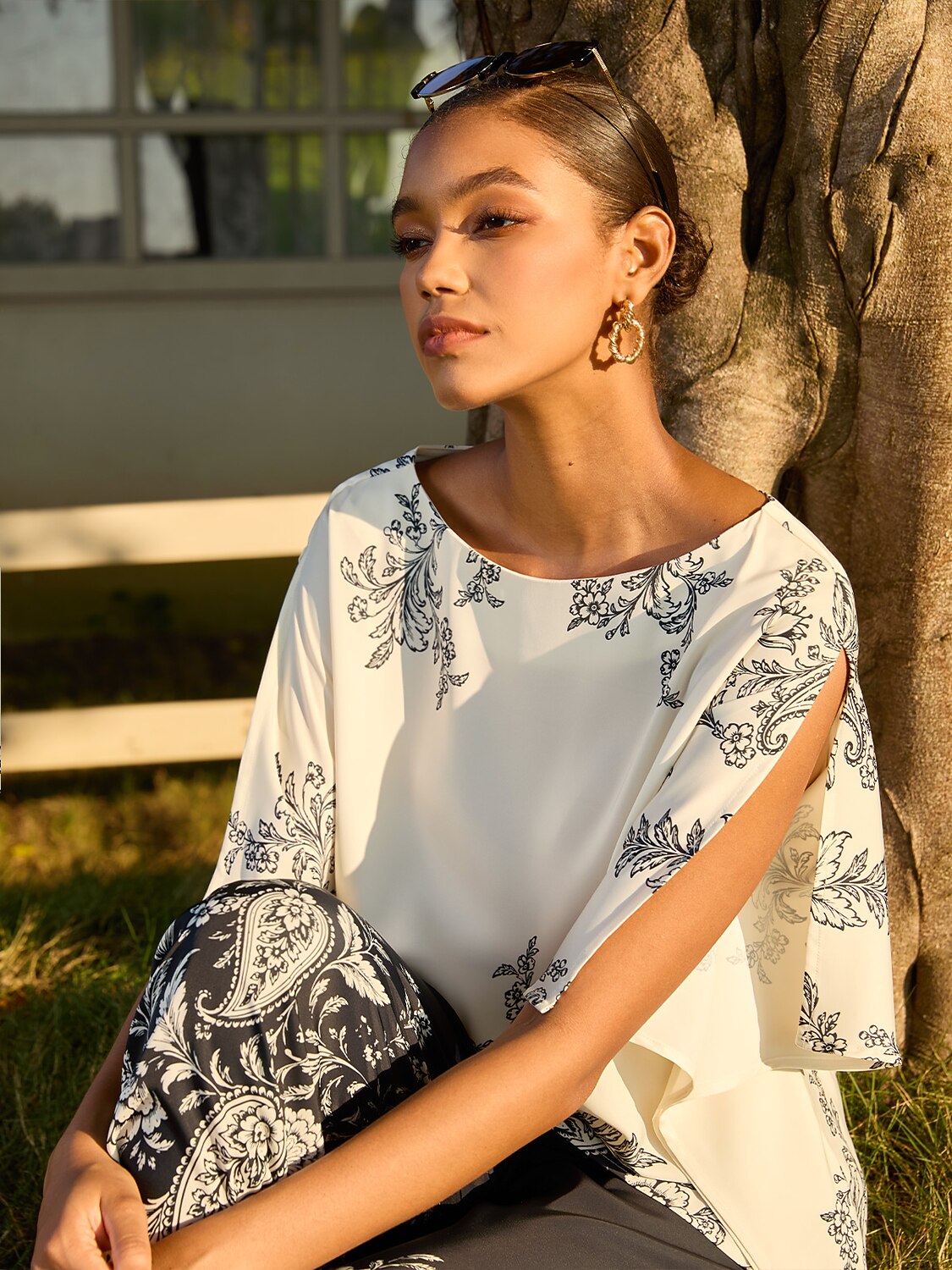 Noir Baroque Silky Satin Batwing Top