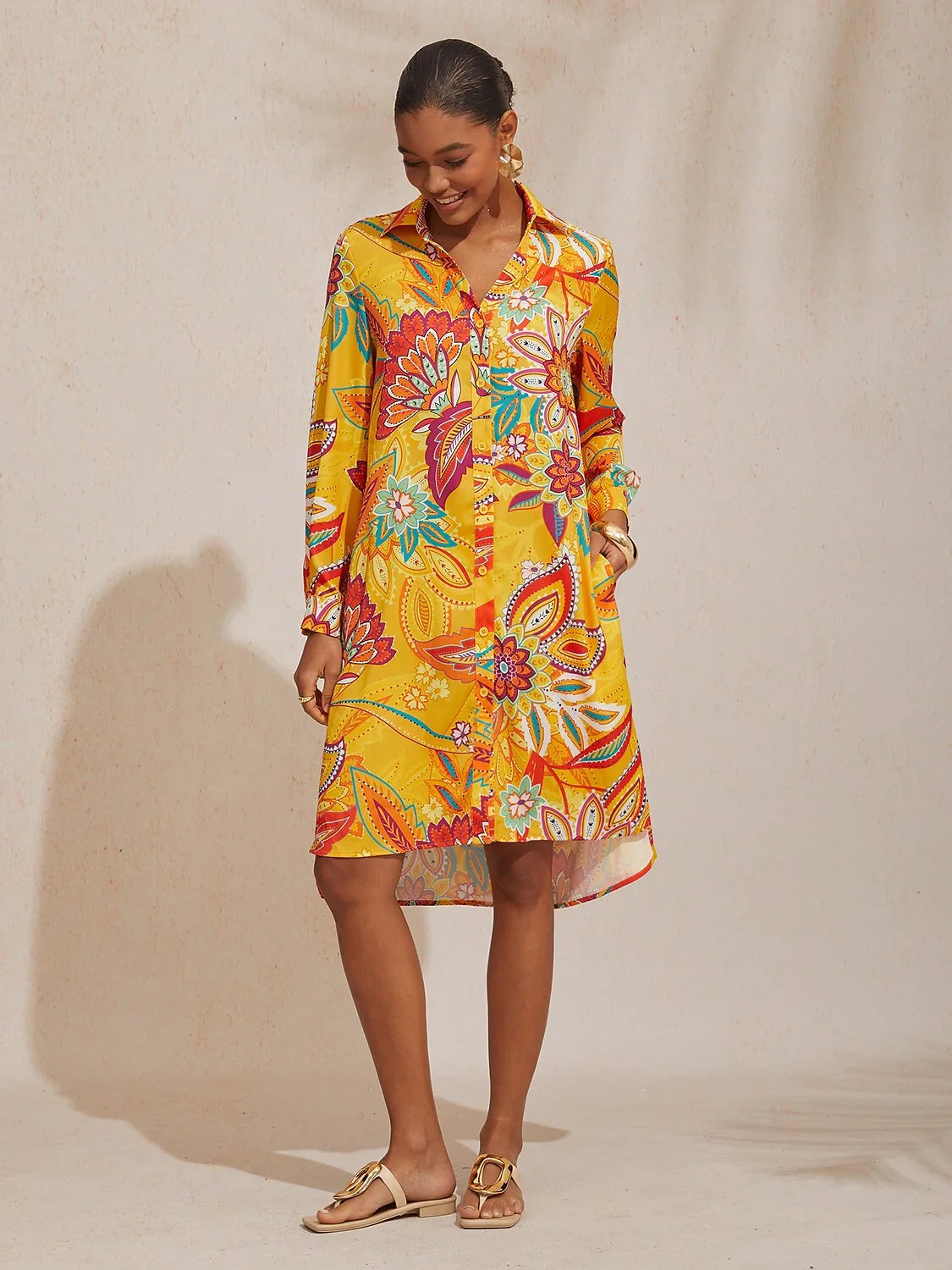 Boho Paisley Silky Satin Shirt Dress