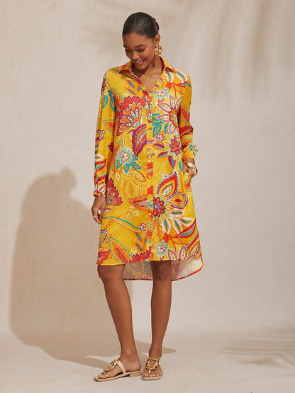Boho Paisley Silky Satin Shirt Dress