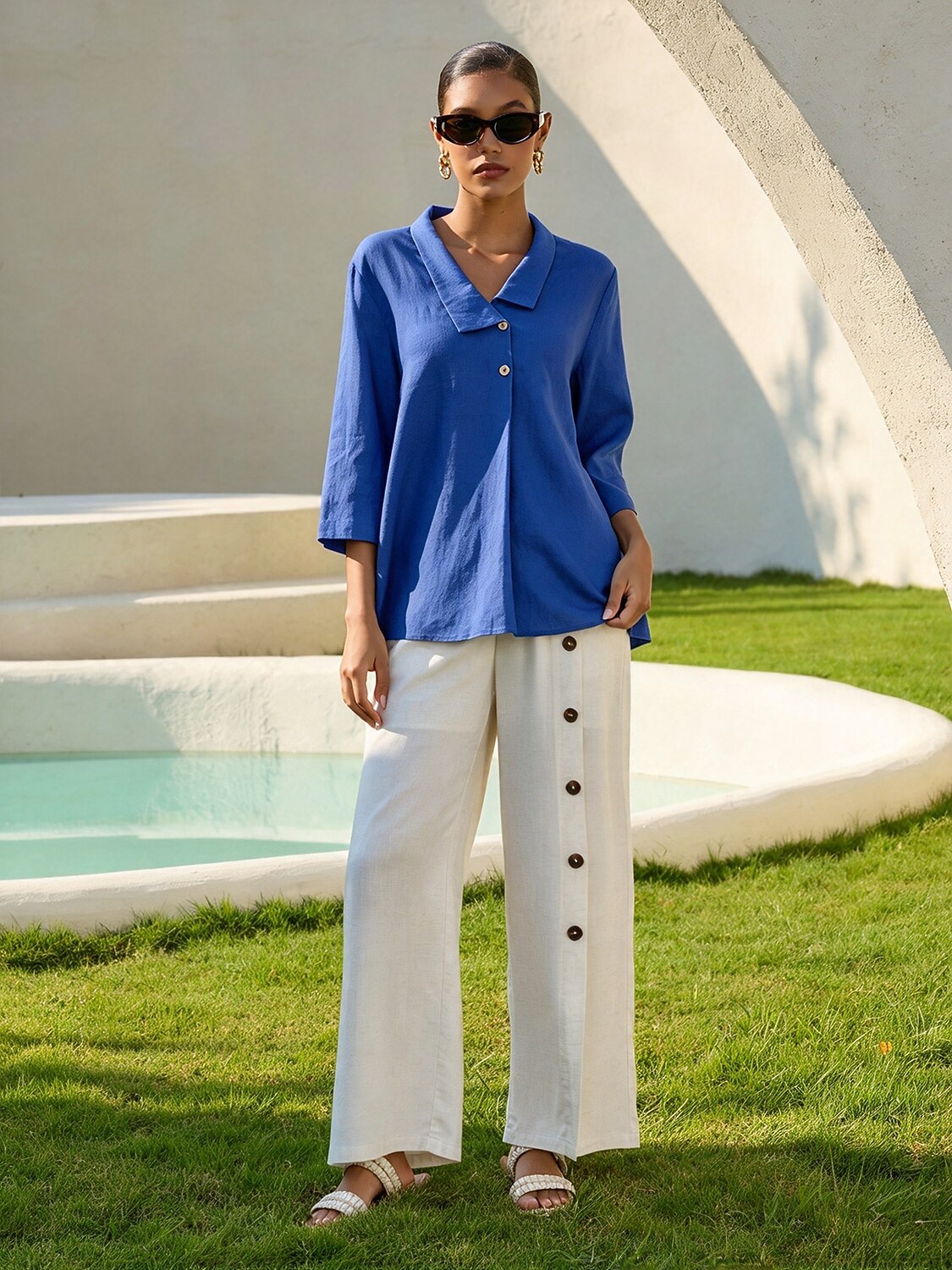 Linen Blend Asymmetric Collar Inverted Pleat Top