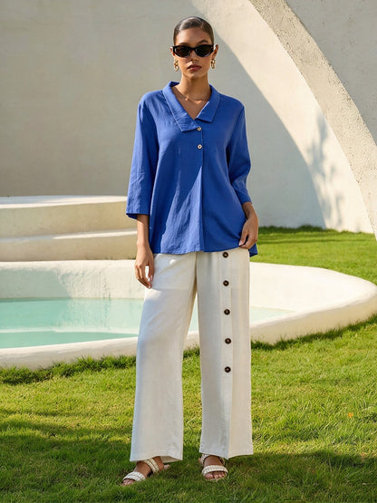 Linen Blend Asymmetric Collar Inverted Pleat Top