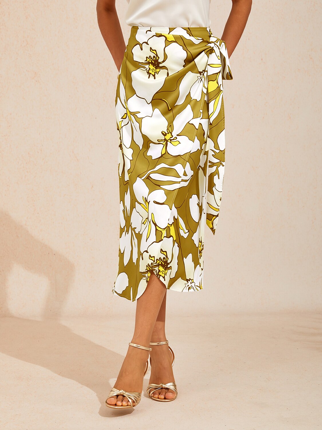 Golden Petal Glow Silky Satin Wrap Skirt