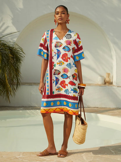 Vacation Ocean Elements Shirred Satin Mini Dress