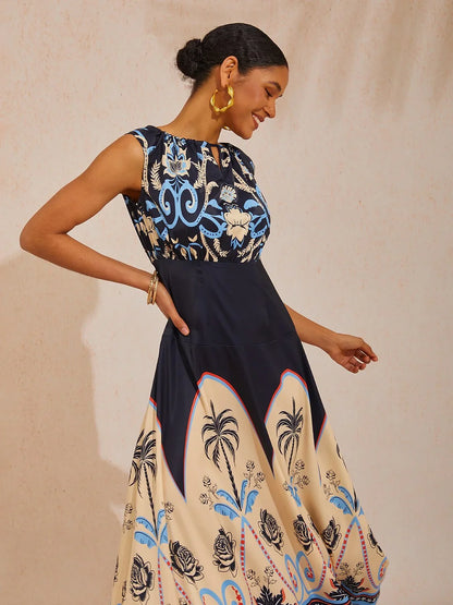 Summer Night Palm Silky Satin Maxi Dress
