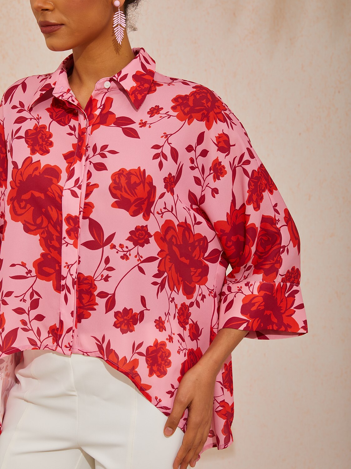 Spring Blooms Flowy Chiffon Asymmetrical Dolman Sleeve Blouse