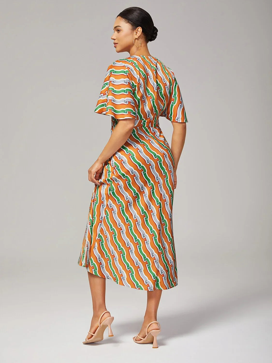 V-Neck Side Slit Ripple Print Dress