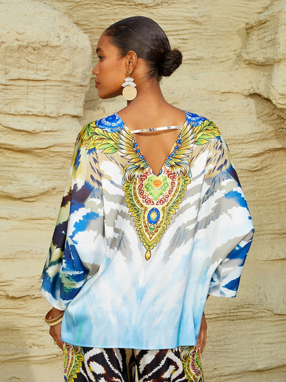 Indigo Tigress Silky Satin  Vacation Batwing Top
