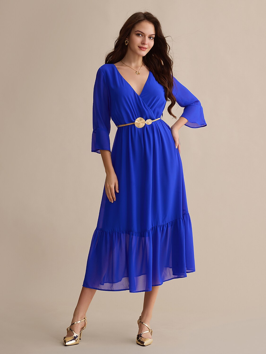 Royal Blue Belted Chiffon Midi Dress