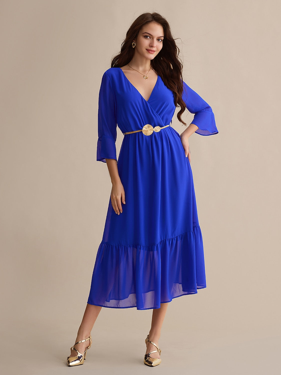 Royal Blue Belted Chiffon Midi Dress