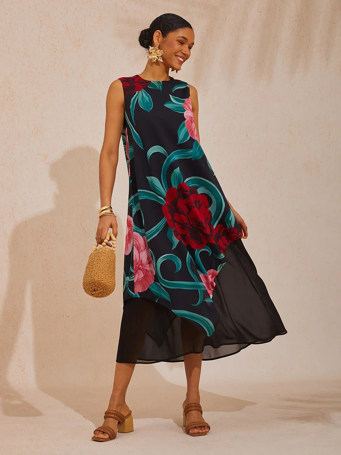 Emerald Rose Garden Flowy Chiffon Maxi Dress