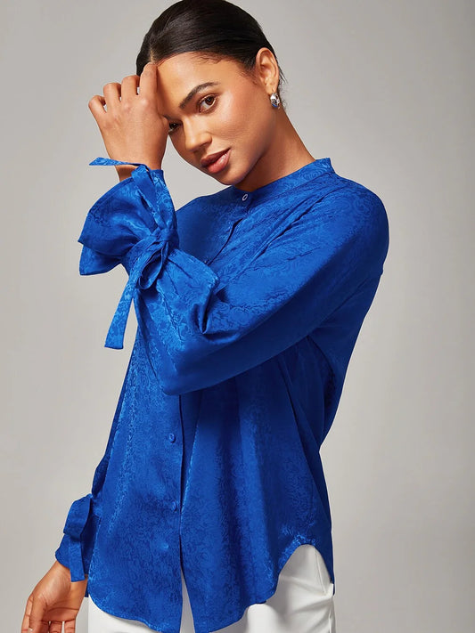Royal Blue Stand Collar Satin Shirt