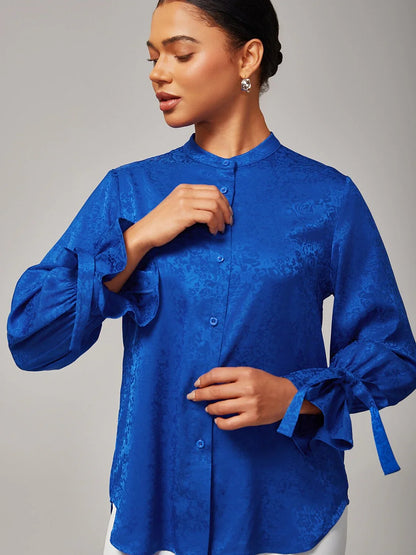 Royal Blue Stand Collar Satin Shirt