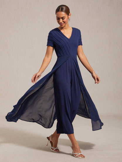 Paneled Design Faux Flowy Sheer Stretch Fabric Jumpsuit