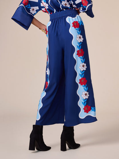 Satin Loose Wide Leg Vacation Artistic/ Retro Printing Causal Pants