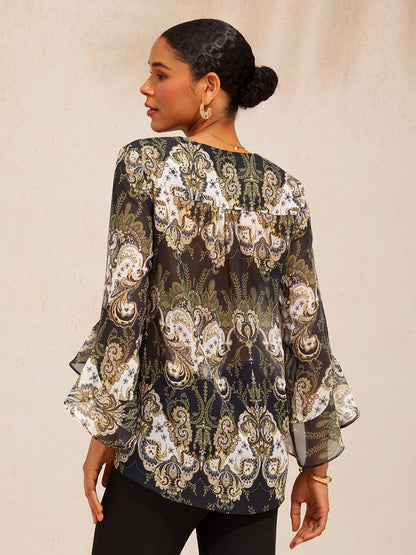 Green Mandala Floral Flowy Chiffon Blouse