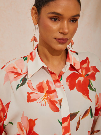 Spring Blooms Flowy Chiffon Asymmetrical Dolman Sleeve Blouse