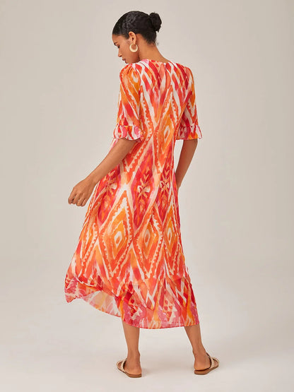 Chiffon-Midi-Kleid mit V-Ausschnitt und Ethno-Print