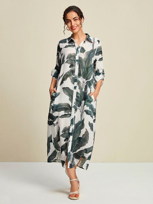 Tropical Leaves Print Maxi Dress