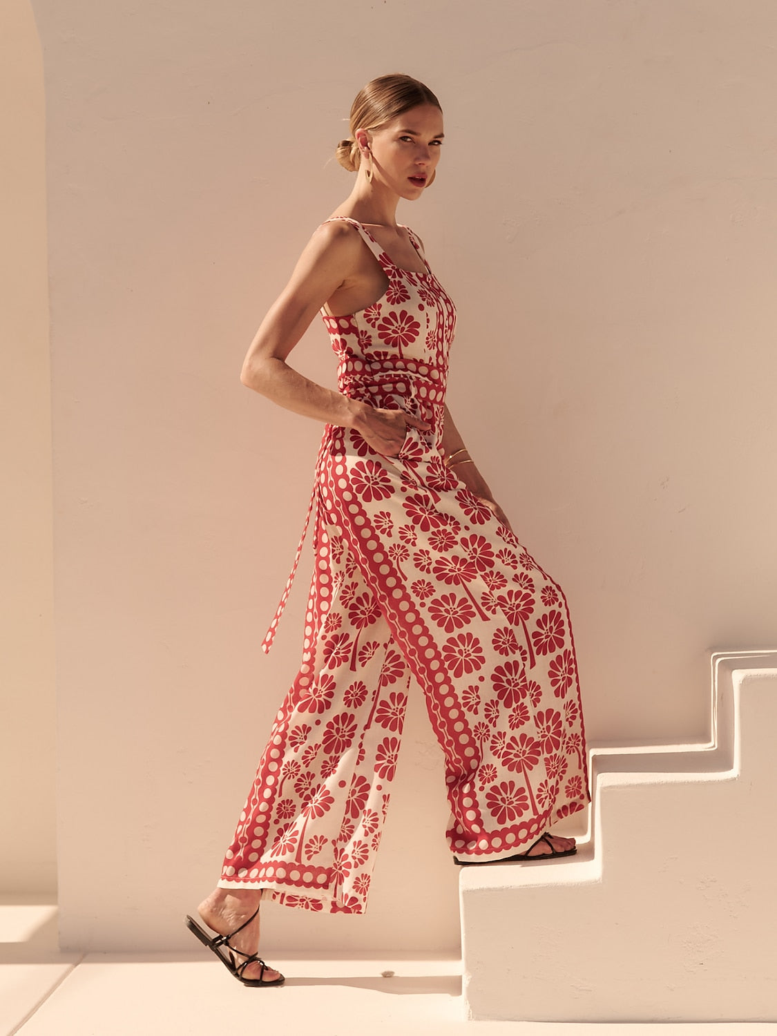 Mono de tirantes con estampado geométrico floral de satén para vacaciones